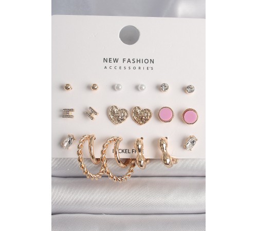 Pirinç Gold Renk Zirkon Taşlı Burug Halka Model İşlemeli Kalp Detay 9 Çift Kadın Küpe Seti - TJ-BKP10175