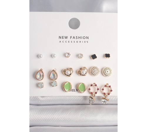 Pirinç Gold Renk Damla Zirkon Taşlı İncili Kalp Detay 9 Çift Kadın Küpe Seti - TJ-BKP10181