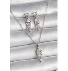 316L Çelik Gümüş Renk Zincir Sallantı Zirkon Taş Model Kadın Kolye Küpe Seti - TJ-BKO9841