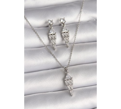 316L Çelik Gümüş Renk Zincir Sallantı Zirkon Taş Model Kadın Kolye Küpe Seti - TJ-BKO9841