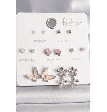 Pirinç Gümüş Renk Renkli Zirkon Taş Detaylı Pembe Sedefli Figür 7 Çift Kadın Küpe Seti - TJ-BKP10188