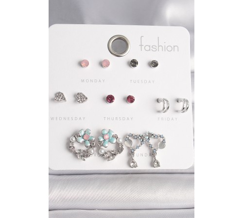 Pirinç Gümüş Renk Renkli Zirkon Taşlı Daire Çiçek Figür Sallantı Kalp Detay 7 Çift Kadın Küpe Seti - TJ-BKP10189