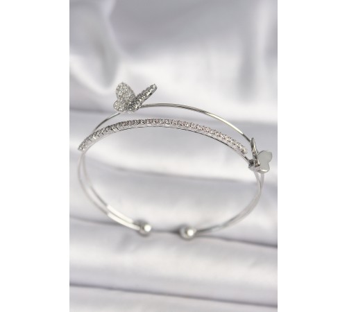 Pirinç Gümüş Renk Zirkon Taşlı Model Kadın Bileklik - TJ-BB6740