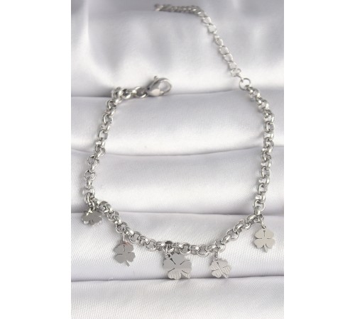 316L Çelik Gümüş Renk Zincir Model Yonca Figür Kadın Bileklik - TJ-BB6749