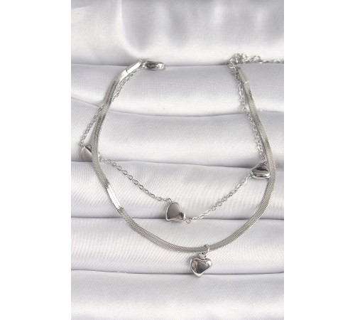 316L Çelik Gümüş Renk 2'Li İtalyan Zincir Model Sallantı Kalp Figür Kadın Bileklik - TJ-BB6750