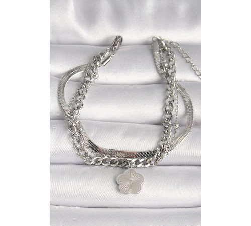 316L Çelik Gümüş Renk 3'Lü İtalyan Zincir Model Sallantı Yonca Figür Kadın Bileklik - TJ-BB6751
