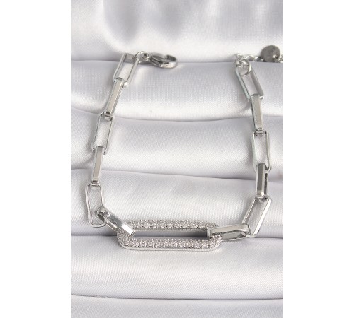 316L Çelik Gümüş Renk Zirkon Taşlı Zincir Kadın Bileklik - TJ-BB6752