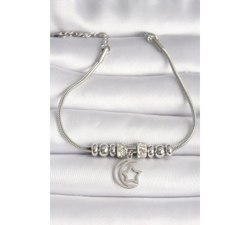 316L Çelik Gümüş Renk Tüp Zincir Zirkon Taş Detaylı Sallantı Ay Yıldız Figür Kadın Bileklik - TJ-BB6754