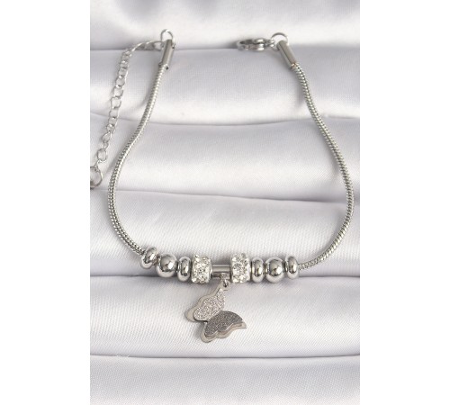 316L Çelik Gümüş Renk Tüp Zincir Model Zirkon Taş Detaylı Sallantı Simli Figür Kadın Bileklik - TJ-BB6755