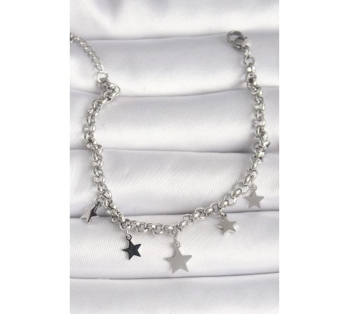 316L Çelik Gümüş Renk Zincir Sallantı Yıldız Figür Kadın Bileklik - TJ-BB6756