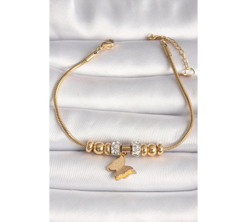 316L Çelik Gold Renk Tüplü Zincir Zirkon Taş Detaylı Sallantı Simli Figür Kadın Bileklik - TJ-BB6758