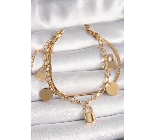 316L Çelik Gold Renk 2'Li İtalyan Zincir Kilit Figür Kadın Bileklik - TJ-BB6760
