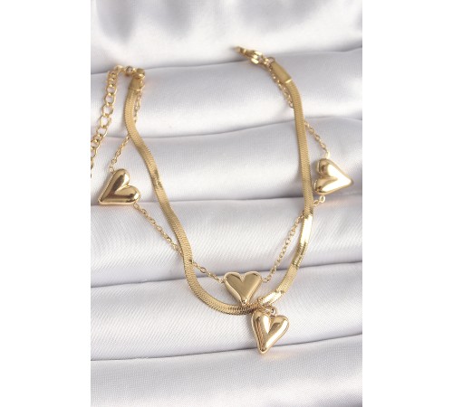 316L Çelik Gold Renk 2'Li İtalyan Zincir Model Sallantı Kalp Figür Kadın Bileklik - TJ-BB6762