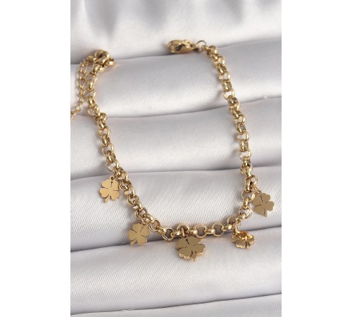 316L Çelik Gold Renk Zincir Model Sallantı Yonca Figür Kadın Bileklik - TJ-BB6763