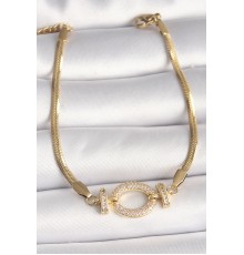 316L Çelik Gold Renk italyan Zincir Model Zirkon Taşlı Halka Figür Kadın Bileklik - TJ-BB6764