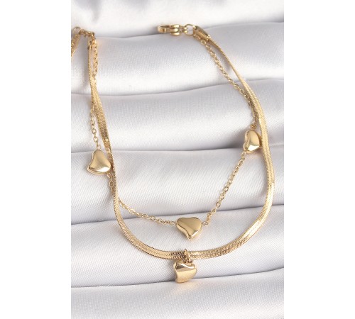 316L Çelik Gold Renk 2'Li İtalyan Zincir Sallantı Kalp Figür Kadın Bileklik - TJ-BB6766