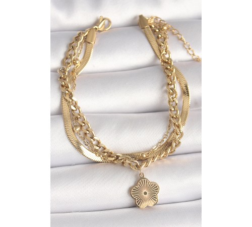 316L Çelik Gold Renk 3'Lü İtalyan Kalın Zincir Model Sallantı İşlemeli Yonca Figür Kadın Bileklik - TJ-BB6767