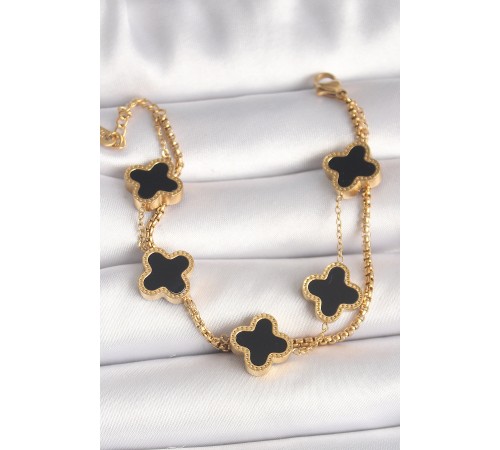 316L Çelik Gold Renk 2'Li Zincir Model Siyah Yonca Figür Kadın Bileklik - TJ-BB6768