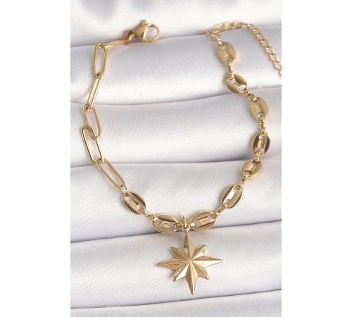 316L Çelik Gold Renk Arpa Zincir Model Sallantı Kutup Yıldız Figür Kadın Bileklik - TJ-BB6769