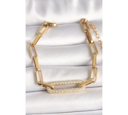 316L Çelik Gold Renk Zirkon Taşlı Kare Zincir Model Kadın Bileklik - TJ-BB6770