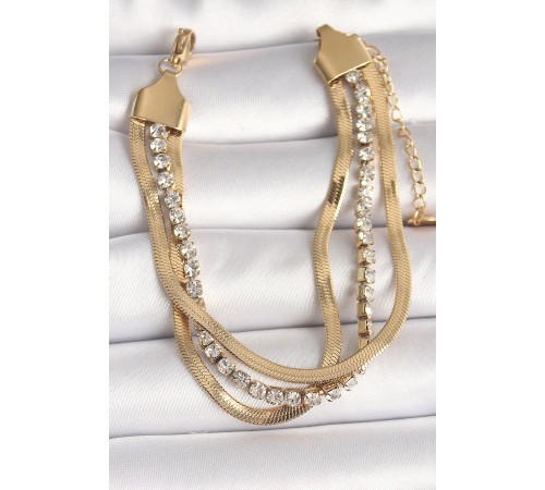 316L Çelik Gold Renk 2'Li İtalyan Zincir Model Zirkon Taşlı Kadın Bileklik - TJ-BB6772