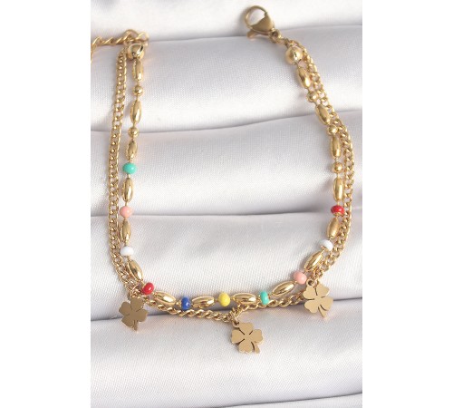 316L Çelik Gold Renk 2'Li Zincir Model Sallantı Yonca Figür Kadın Bileklik - TJ-BB6773