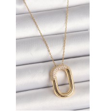 316L Çelik Gold Renk Zirkon Taşlı Oval Model Kadın Kolye - TJ-BKO9846