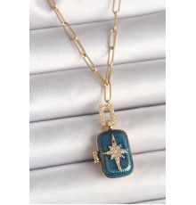 316L Çelik Gold Renk Açılır Mavi Sandık Model Zirkon Taşlı Kutup Yıldız İşleme Model Kadın Kolye - TJ-BKO9847