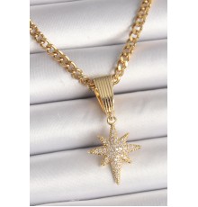316L Çelik Gold Renk Halka Zincir Model Sallantı Zirkon Taşlı Kutup Yıldız Figür Kadın Kolye - TJ-BKO9848