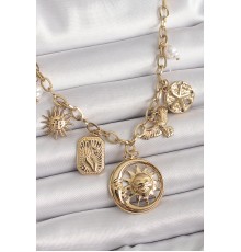 316L Çelik Gold Renk Halka Zincir Sallantı Ay Güneş Figür Kuş Detay Kadın Kolye - TJ-BKO9850