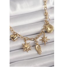 316L Çelik Gold Renk Halka Zincir Zirkon Taş Detaylı Fatma Ana El Figür Güneş Detay Kadın Kolye - TJ-BKO9851