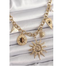 316L Çelik Gold Renk Halka Zincir Model Sallantı Güneş Figür Göz Detay Kadın Kolye - TJ-BKO9852