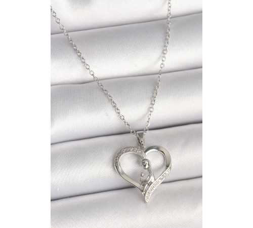 316L Çelik Gümüş Renk Zincir Zirkon Taş Detaylı Kalp Model Kadın Kolye - TJ-BKO9854