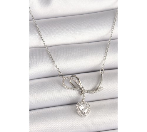 316L Çelik Gümüş Renk Zincir Zirkon Taşlı Düğüm Sallantı Kalp Figür Kadın Kolye - TJ-BKO9856