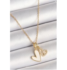 316L Çelik Gold Renk Zincir 2'Li Sallantı Zirkon Taşlı Kalp Model Kadın Kolye - TJ-BKO9859