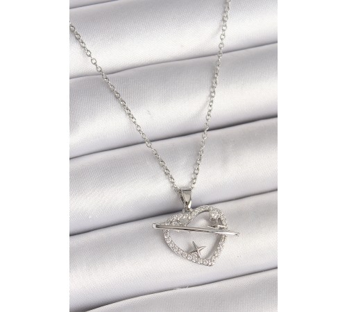 316L Çelik Gümüş Renk Zincir Zirkon Taşlı Kalp Model Yıldız Detay Kadın Kolye - TJ-BKO9860