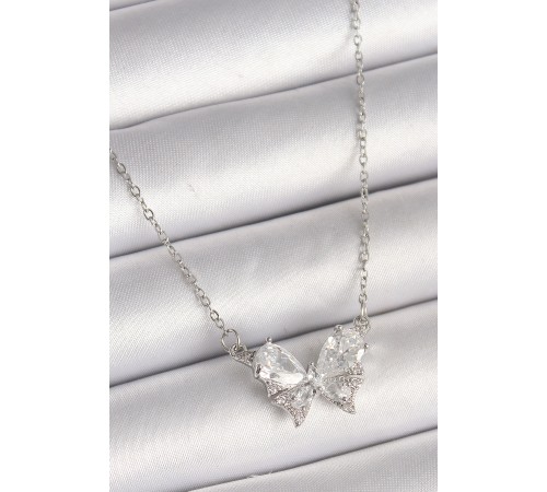 316L Çelik Gümüş Renk Zincir Zirkon Taşlı Fiyonk Model Kadın Kolye - TJ-BKO9862