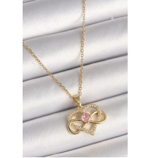 316L Çelik Gold Renk Zincir Zirkon Taşlı Sonsuzluk Kalp Model Kadın Kolye - TJ-BKO9865