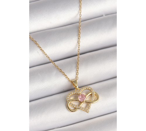 316L Çelik Gold Renk Zincir Zirkon Taşlı Sonsuzluk Kalp Model Kadın Kolye - TJ-BKO9865