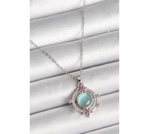 316L Çelik Gümüş Renk Zincir Zirkon Taşlı Yıldız Detay Yeşil Sedefli Kadın Kolye - TJ-BKO9867