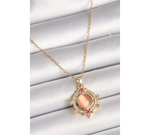 316L Çelik Gold Renk Zincir Turuncu Sedefli Zirkon Taşlı Yıldız Detay Kadın Kolye - TJ-BKO9869