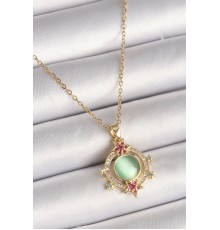 316L Çelik Gold Renk Zincir Yeşil Sedefli Zirkon Taşlı Yıldız Detay Kadın Kolye - TJ-BKO9870