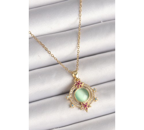 316L Çelik Gold Renk Zincir Yeşil Sedefli Zirkon Taşlı Yıldız Detay Kadın Kolye - TJ-BKO9870