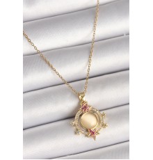 316L Çelik Gold Renk Zincir Beyaz Sedefli Zirkon Taşlı Yıldız Detay Kadın Kolye - TJ-BKO9871