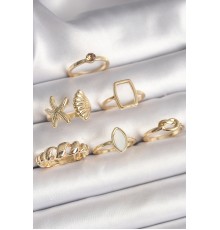 Pirinç Gold Renk Deniz Kabuğu Figür Sarmal Model Beyaz Mine Detay 6'Lı Kadın Yüzük Seti - TJ-BYK3609