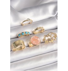 Pirinç Gold Renk Daire Pembe Mineli Zirkon Taş Detaylı 6'Lı Kadın Yüzük Seti - TJ-BYK3610