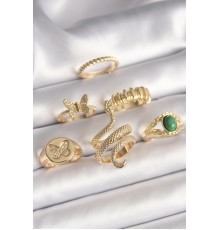 Pirinç Gold Renk İşlemeli Yılan Model Detay 6'Lı Kadın Yüzük Seti - TJ-BYK3611