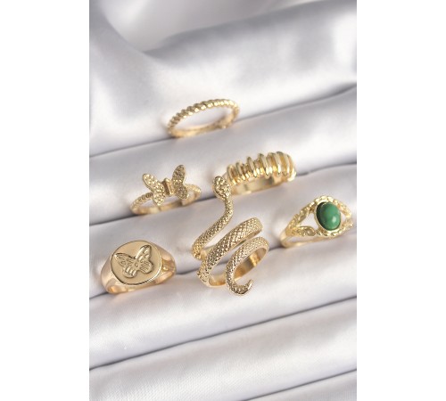 Pirinç Gold Renk İşlemeli Yılan Model Detay 6'Lı Kadın Yüzük Seti - TJ-BYK3611