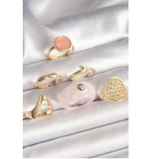 Pirinç Gold Renk Pembe Plastik Yüzük Model Daire Pembe Mine Yılan Detay 6'Lı Kadın Yüzük Seti - TJ-BYK3613