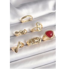 Pirinç Gold Renk Sarmal Modl Zirkon Taşlı Sarmal Detay 6'Lı Kadın Yüzük Seti - TJ-BYK3617
